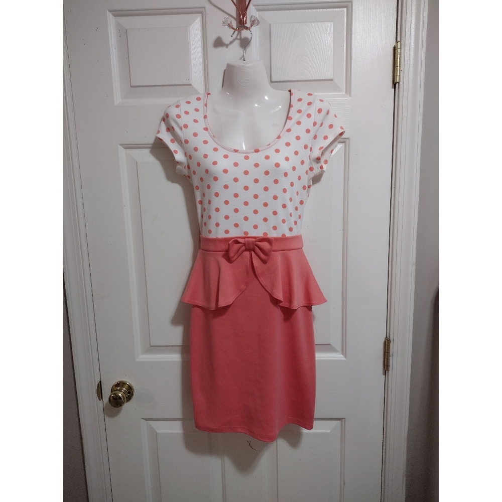 Polka Dot Peplum Y2K Business Casual Dress Coral/White Women's Size Small - Picture 3 of 11